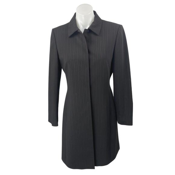 Tahari Women's Black Pinstriped Long Sleeve Button Up Trench Coat Jacket Size 6 - Picture 1 of 5